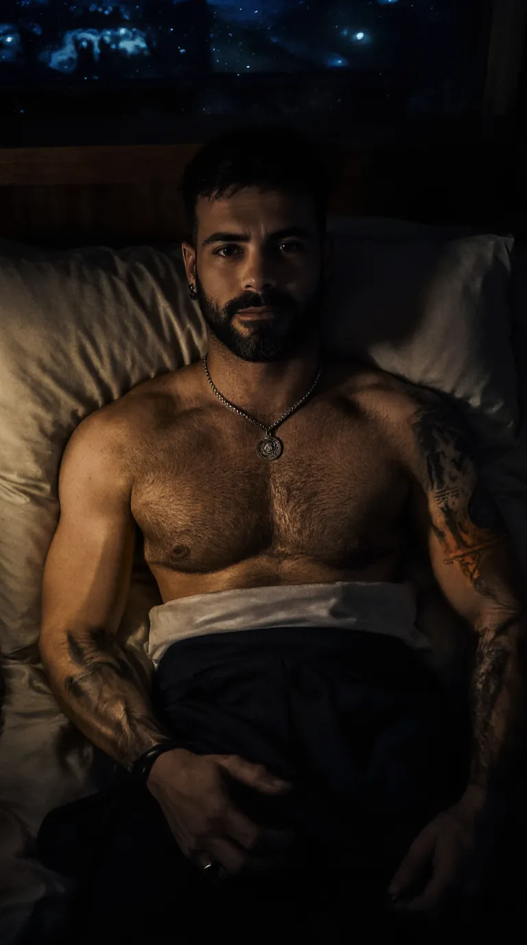 Cuerpo en la cama, ventana nocturna al fondo