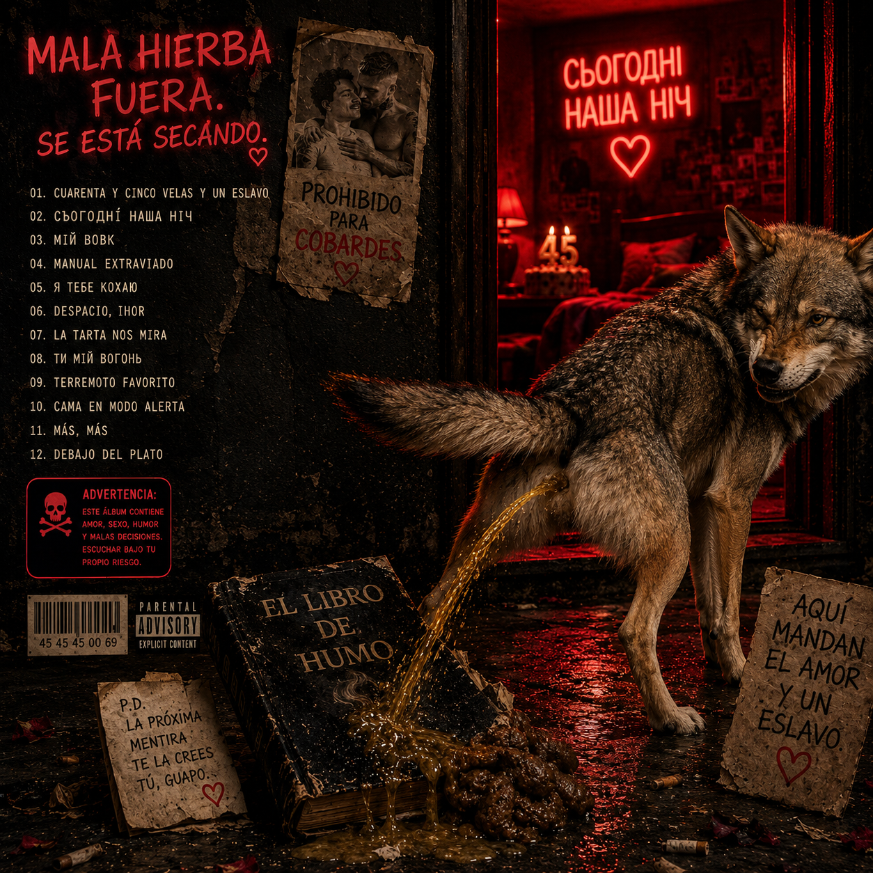Contraportada — La mala hierba queda fuera, callejón rojo con lobo checoslovaco